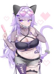 1girl absurdres ahoge animal_ears black_tube_top blush bra breasts cat_ears cat_tail cleavage cowboy_shot curvy eyewear_on_head fake_animal_ears food grey_background grey_shorts heart heart-shaped_eyewear highres holding holding_food holding_popsicle hololive large_breasts long_hair mask mouth_mask nekomata_okayu nekomata_okayu_(personya_respect) pink-tinted_eyewear plump popsicle purple_bra purple_eyes purple_hair purple_tail short_shorts shorts simple_background solo strapless sunglasses tail tinted_eyewear tnolize tongue tongue_out torn_clothes torn_shorts tube_top underwear virtual_youtuber