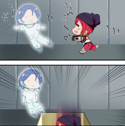 1boy 1girl amate_yuzuriha blue_hair blush bodysuit closed_eyes closed_mouth colored_inner_hair falling gundam gundam_gquuuuuux hat mecha_pilot_suit multicolored_bodysuit multicolored_hair normal_suit_(gundam) open_mouth pants purple_hair red_hair running ryokasaka science_fiction shirt short_hair shuji_ito smile tank_top two-tone_hair white_shirt