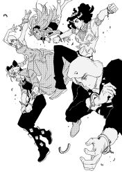 2boys 3girls arm_tattoo armband braid braided_ponytail breasts broken_handcuffs cleavage coat commentary crossdressing cuffs double_bun ermes_costello falling fishnet_top fishnets foo_fighters_(jojo) fur_hat greyscale hair_bun handcuffs hat highres horned_hat jeonjin_(mynamebazin) jojo_no_kimyou_na_bouken kuujou_jolyne long_hair medium_breasts miniskirt monochrome multicolored_hair multiple_boys multiple_girls narciso_anasui overalls short_hair skirt stone_ocean symbol-only_commentary tattoo thighhighs two-tone_hair vest weather_report