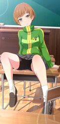 1girl absurdres black_shorts brown_eyes brown_hair brown_shoes chair classroom closed_mouth commentary_request desk highres indoors jacket knees loafers long_sleeves looking_at_viewer na-suke on_desk persona persona_4 satonaka_chie school_chair school_desk school_uniform shoes short_hair shorts sitting skirt solo thighs track_jacket zipper