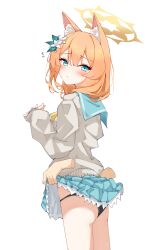 1girl absurdres alternate_costume animal_ears black_pants blue_archive blue_eyes blush breasts cat_ears closed_mouth clothes_lift collarbone commentary cowboy_shot disembodied_hand hair_between_eyes hair_ornament halo highres kabocya_na long_hair mari_(blue_archive) orange_hair panties pants school_uniform simple_background skirt skirt_lift small_breasts solo standing underwear white_background yellow_halo