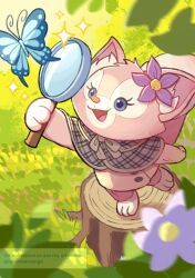 1girl animal_ears animification bug butterfly duffy_and_friends flower fox fox_ears fox_girl furry grass highres holding holding_magnifying_glass insect linabell long_sleeves looking_at_viewer magnifying_glass no_humans shirt smile solo standing takatmaorange