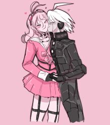 Rule 34 | 1boy, 1girl, absurdres, ahoge, android, antenna hair, armor, barbed wire, black choker, black gloves, blonde hair, blush, bow, choker, closed eyes, closed mouth, colored skin, commentary, couple, cropped legs, danganronpa (series), danganronpa v3: killing harmony, english commentary, gloves, goggles, goggles on head, grey skin, heart, hetero, highres, holding hands, iruma miu, k1-b0, kiss, kissing cheek, long hair, long sleeves, pink background, pink bow, pink serafuku, pink shirt, pink skirt, power armor, sailor collar, school uniform, serafuku, shirt, short hair, simple background, skirt, skirt set, smile, twinklelitchii, white hair, white sailor collar