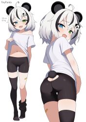 1girl :d absurdres ahoge animal_ears ass bike_shorts black_hair black_shorts blue_eyes butt_crack character_name clothes_lift commentary english_commentary english_text fang full_body green_eyes heterochromia highres indie_virtual_youtuber mikoscrub multicolored_hair navel off-shoulder_shirt off_shoulder open_mouth panda_ears panda_girl panda_tail reference_sheet shirt shirt_lift short_hair short_sleeves shorts simple_background skin_fang smile thighs tinypanda_(vtuber) two-tone_hair virtual_youtuber white_background white_hair white_shirt