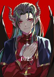1boy artist_name ascot black_capelet capelet closed_mouth curtains dated demon_horns demon_wings fingernails green_hair hand_on_own_chest hashtag-only_commentary head_tilt high_collar horns kuroda_(kuro_yyy) long_fingernails long_hair male_focus nail_polish pink_nails pointy_ears puyopuyo red_background red_eyes red_shirt satan_(puyopuyo) shirt signature simple_background smile solo upper_body white_ascot wings