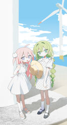 2girls arms_behind_back black_shoes braid cat_hair_ornament cloud daizu_(melon-lemon) day dress green_eyes green_hair hair_ornament hat highres holding holding_unworn_clothes holding_unworn_hat jacket long_hair looking_at_viewer low_twin_braids mary_janes multiple_girls neck_ribbon open_clothes open_jacket original outdoors pink_hair purple_eyes ribbon sandals shoes short_dress short_sleeves sleeveless sleeveless_dress socks standing twin_braids unworn_hat unworn_headwear very_long_hair water white_dress white_socks wind_turbine windmill
