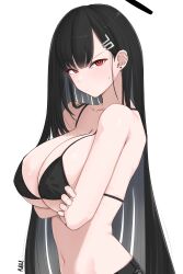 1girl absurdres arms_under_breasts bikini black_bikini black_hair blue_archive breasts closed_mouth furrowed_brow halo highres large_breasts looking_at_viewer navel poolpool red_eyes rio_(blue_archive) simple_background solo stomach swimsuit upper_body white_background