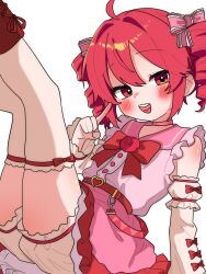 1girl alternate_costume bloomers blush bow bowtie detached_sleeves drill_hair frilled_shirt frilled_skirt frills hair_ribbon hand_up haru_maron highres kasane_teto legs_up long_sleeves looking_at_viewer miniskirt open_mouth pink_ribbon pink_shirt pink_skirt red_bow red_bowtie red_eyes red_hair ribbon shirt simple_background skirt sleeve_bow sleeveless sleeveless_shirt smile solo thighhighs twin_drills underwear utau white_background white_sleeves white_thighhighs