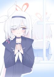 2girls absurdres arona_(blue_archive) black_choker black_coat black_eyes black_hairband black_sailor_collar black_serafuku black_shirt black_skirt blue_archive blue_shirt blush braid choker chokkon closed_mouth coat collarbone colored_inner_hair hair_over_one_eye hairband halo heart heart_halo highres interlocked_fingers long_sleeves multicolored_hair multiple_girls neckerchief own_hands_clasped own_hands_together plana_(blue_archive) pleated_skirt red_halo red_pupils ribbon sailor_collar school_uniform serafuku shirt single_braid skirt smile steepled_fingers white_choker white_hairband white_neckerchief white_ribbon wide_sleeves