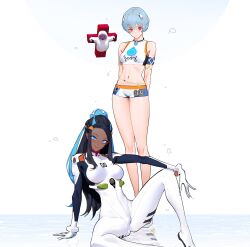 2girls arms_behind_back ayanami_rei ayanami_rei_(cosplay) bare_shoulders black_hair blue_eyes blue_hair bodysuit breasts cosplay crop_top crossover dark-skinned_female dark_skin highres long_hair medium_breasts multiple_girls neon_genesis_evangelion nessa_(pokemon) nessa_(pokemon)_(cosplay) nintendo pokemon pokemon_swsh red_eyes short_hair shorts sleeveless small_breasts wonbin_lee
