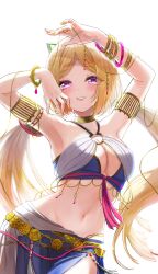 1girl absurdres aki_rosenthal alternate_costume armlet arms_up backlighting bandeau belly_chain blonde_hair blue_bandeau blue_skirt blurry blurry_background blush bob_cut bracelet breasts chain cleavage commentary_request contrapposto cowboy_shot dancer dancing depth_of_field detached_hair glint gold_armlet gold_belt gold_chain grin groin harem_outfit headgear highres hinata_habi_ss hololive jewelry large_breasts long_hair looking_at_viewer low_twintails midriff multiple_bracelets narrow_waist navel neck_ring o-ring o-ring_top parted_bangs purple_eyes short_hair side_slit skirt sling_bikini_top smile solo twintails virtual_youtuber wide_hips