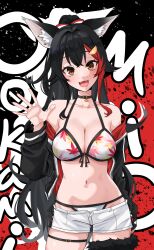1girl absurdres animal_ears bikini black_choker black_hair blush breasts choker fangs graffiti hair_ornament highres hololive jacket jacket_partially_removed large_breasts looking_at_viewer multicolored_hair navel ookami_mio open_mouth ponytail print_bikini red_hair roan_green short_shorts shorts smile solo streaked_hair swimsuit thigh_strap virtual_youtuber