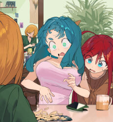3girls aqua_eyes blonde_hair blue_eyes blue_hair breasts brown_shirt camisole cellphone chips_(food) cup food highres hipa_(some1else45) horns indoors large_breasts long_hair mirror mug multiple_girls nahia_(some1else45) original phone pink_camisole plant potato_chips potted_plant red_hair reflection sekoshi_(some1else45) shirt smartphone some1else45 sweatdrop table wide-eyed
