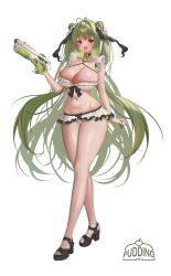 1girl absurdres antenna_hair artist_name bikini bikini_skirt bilingual_commentary black_choker black_sandals blush breasts choker cleavage commentary commentary_request double_bun english_commentary feet frilled_bikini frilled_bikini_top frills full_body goddess_of_victory:_nikke green_hair green_nails hair_bun hand_up heart heart_o-ring high_heel_sandals highres holding holding_water_gun large_breasts long_hair looking_at_viewer mixed-language_commentary mole mole_on_breast nail_polish navel o-ring o-ring_choker open_mouth pudding_only purple_eyes sandals simple_background smile soda_(nikke) solo standing swimsuit toenail_polish toenails toes very_long_hair water_gun white_background white_bikini
