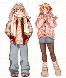 1girl animal_ears animal_hat artist_name black_pantyhose blonde_hair blue_pants blue_skirt boots brown_eyes cardigan covered_mouth cudlil cudlil_(character) cup denim drinking fake_animal_ears full_body grey_boots grey_hat grid_background hair_ribbon hands_in_pockets hat highres holding holding_cup jeans long_hair looking_at_viewer looking_to_the_side mug original pants pantyhose pink_cardigan rabbit_ears rabbit_hat red_nails red_ribbon ribbon scarf shoes skirt sleeves_past_wrists sneakers socks steam straight-on sweater white_scarf white_shoes white_socks white_sweater