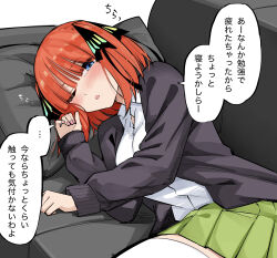 1girl black_jacket blue_eyes blush collared_shirt couch go-toubun_no_hanayome green_skirt highres jacket long_sleeves lying mame1645 nakano_nino on_couch on_side one_eye_closed open_clothes open_jacket open_mouth pillow pink_nails pleated_skirt shirt short_hair skirt solo speech_bubble thighhighs translation_request white_shirt white_thighhighs