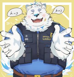 1boy absurdres animal_ear_fluff animal_ears bandaid bandaid_on_cheek bandaid_on_face black_vest blue_shirt blush character_name claws colored_tips commentary_request dog_boy dog_ears dog_nose dog_tail english_text fangs fat fat_man furry furry_male highres live_a_hero looking_at_viewer male_focus multicolored_hair open_hands open_mouth shirt shishiodoshi_(44odosi) smile speech_bubble streaked_hair tail tail_wagging translated vest white_fur white_hair yohack