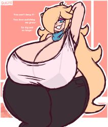 1girl absurdres arm_up armpits blonde_hair blue_eyes breasts cleavage curvy eyeshadow female_focus gigantic_breasts hair_over_one_eye highres long_hair looking_at_viewer makeup mario_(series) nintendo rosalina scarf see-through_clothes see-through_shirt shirt skullgeist solo super_mario_galaxy thick_thighs thighs very_long_hair wide_hips