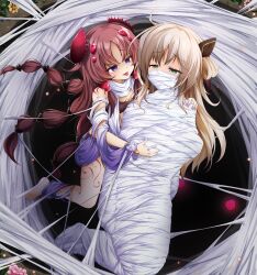 2girls ahoge barefoot blonde_hair blush braid braided_ponytail breasts brown_hair c-rabbit duel_monster flower full_body gagged green_eyes groping hair_ornament hand_on_another&#039;s_shoulder highres long_hair looking_at_another medium_breasts multiple_girls mummification_(bound) ponytail purple_eyes restrained saliva saliva_trail silk sky_striker_ace_-_raye sleeveless spider_web tattoo thighs traptrix_atypus yu-gi-oh!