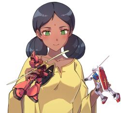 1girl dark-skinned_female dark_skin green_eyes gundam gundam_gquuuuuux himeyamato lalah_sune mobile_suit_gundam rx-78-2_gundam smile solo toy upper_body white_background wide_sleeves zaku_ii_s_char_custom