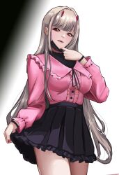 1girl blush breasts catifex goddess_of_victory:_nikke hair_ornament highres horns large_breasts light_brown_hair long_hair long_sleeves looking_at_viewer mask mask_pull mouth_mask parody red_eyes shirt skirt smile solo vampire_(vocaloid) viper_(nikke)