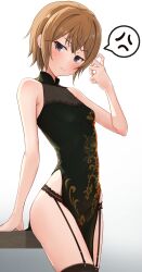 1girl black_dress black_garter_belt black_thighhighs breasts brown_eyes brown_hair china_dress chinese_clothes commentary_request dress embarrassed garter_belt hand_up highres k3rd kinuhata_saiai light_blush light_frown looking_at_viewer paid_reward_available pelvic_curtain short_hair side_slit simple_background sleeveless sleeveless_dress small_breasts solo thighhighs toaru_kagaku_no_railgun toaru_majutsu_no_index