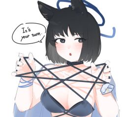 1girl adjusting_clothes adjusting_swimsuit animal_ears bikini black_hair blue_archive blush breasts cat&#039;s_cradle cat_ears cat_girl commentary_request english_text flukhan halo kikyou_(blue_archive) kikyou_(swimsuit)_(blue_archive) korean_commentary layered_bikini looking_at_viewer official_alternate_costume short_hair simple_background solo strap strap_pull swimsuit upper_body white_background