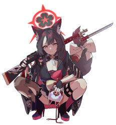 1girl absurdres animal_ear_fluff animal_ears asymmetrical_footwear asymmetrical_legwear bayonet black_boots black_hair black_panties black_shirt black_skirt blue_archive boots breasts brown_eyes brown_thighhighs cleavage closed_mouth commentary_request fox_ears fox_girl fox_mask fox_tail full_body grey_sailor_collar gun halo high_heel_boots high_heels highres holding holding_gun holding_mask holding_weapon large_breasts mask mismatched_footwear mismatched_legwear panties pink_socks pleated_skirt purple_boots sailor_collar shirt simple_background skirt smile socks solo squatting tail thighhighs underwear unworn_mask wakamo_(blue_archive) weapon white_background ysoa26