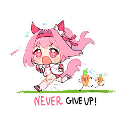1girl animal_ears bandaid bandaid_on_knee bandaid_on_leg bow carrot chibi chibi_only english_text fingerless_gloves flower-shaped_pupils full_body gloves hair_bow hair_intakes hairband haru_urara_(umamusume) highres horse_ears horse_girl horse_tail jacket long_hair long_sleeves looking_at_viewer open_clothes open_jacket open_mouth pink_eyes pink_gloves pink_hair pink_shorts running shibedraws shirt shorts socks solo symbol-shaped_pupils tail umamusume white_bow white_jacket white_shirt white_socks