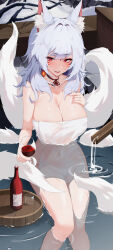 1girl animal_ear_fluff animal_ears bottle breasts collarbone covered_navel cup drinking_glass facial_mark fox_ears fox_girl fox_tail grey_hair highres kitsune kyuubi large_breasts lessone long_hair mole mole_under_eye multiple_tails naked_towel nijisanji nijisanji_en nina_kosaka onsen open_mouth partially_submerged red_eyes solo tail towel virtual_youtuber water wet whisker_markings wine_bottle wine_glass