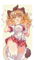 1girl absurdres animal_ears blonde_hair blush brown_hair claw_pose cowboy_shot fang fur_collar highres kemono_friends kolshica lion_(kemono_friends) lion_ears lion_girl lion_tail long_hair looking_at_viewer multicolored_hair necktie open_mouth plaid_clothes plaid_necktie plaid_skirt plaid_trim pleated_skirt red_necktie red_skirt red_trim shirt shoes short_sleeves skirt solo standing standing_on_one_leg t-shirt tail thighhighs white_fur white_shirt white_shoes white_thighhighs yellow_eyes zettai_ryouiki