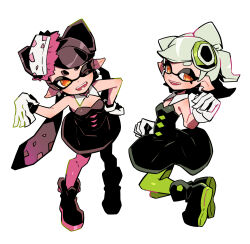 2girls ankle_boots black_boots black_dress black_hair boots bow-shaped_hair callie_(splatoon) collar commentary_request cross-shaped_pupils detached_collar dress earrings fangs full_body gloves gradient_hair green_hair green_pantyhose hand_on_own_hip highres inkling jewelry keijou_(cave) long_hair looking_at_viewer marie_(splatoon) multicolored_hair multiple_girls nintendo one_eye_closed open_mouth orange_pupils pantyhose pink_hair pink_pantyhose pointy_ears short_hair simple_background smile splatoon_(series) splatoon_1 standing strapless strapless_dress swept_bangs symbol-shaped_pupils tentacle_hair twintails two-tone_hair very_long_hair white_background white_collar white_gloves yellow_eyes