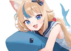 Rule 34 | 1girl, animal ears, blonde hair, blue eyes, blue hair, blush, bow, cat ears, cat girl, fang, hair bow, highres, indie virtual youtuber, long hair, looking at viewer, multicolored hair, omochiarts, open mouth, sameko saba, shark, simple background, smile, solo, streaked hair, teeth, twintails, virtual youtuber, white background