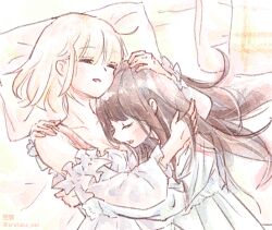 2girls artist_name blonde_hair blush bob_cut breasts brown_hair cleavage closed_eyes collarbone commentary_request hair_spread_out hand_in_another&#039;s_hair hand_on_another&#039;s_head hand_on_another&#039;s_shoulder head_on_pillow hug inoue_takina long_hair long_sleeves lycoris_recoil multiple_girls mutual_hug nishikigi_chisato on_bed open_mouth pillow short_hair sleepwear smile textless_version tsubame_(joy_534) upper_body yuri