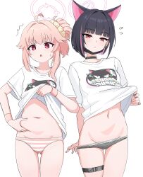 2girls absurdres ahoge animal_ears belly belly_grab black_choker black_hair black_mask blue_archive blush calvin_klein cat_ears cat_girl choker closed_mouth clothes_lift colored_inner_hair commentary_request earrings extra_ears flying_sweatdrops grabbing_own_stomach grey_panties hair_intakes hair_ornament hair_scrunchie highres jewelry kazusa_(band)_(blue_archive) kazusa_(blue_archive) lifting_own_clothes long_hair looking_at_viewer lowleg lowleg_panties mask mask_lift mouth_mask multicolored_hair multiple_girls nakaoka_ramu natsu_(band)_(blue_archive) natsu_(blue_archive) no_pants official_alternate_costume official_alternate_hairstyle open_mouth panties panty_pull pink_hair pink_panties print_shirt pulling_own_clothes red_eyes scrunchie shirt shirt_lift short_hair short_sleeves simple_background striped_clothes striped_panties stud_earrings studded_choker thighs underwear white_background white_shirt yellow_scrunchie
