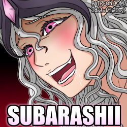 1girl close-up commentary drooling grey_hair idiot_of_the_east open_mouth pink_hair portrait romaji_text saliva slaanesh smile solo warhammer_40k watermark wavy_hair web_address