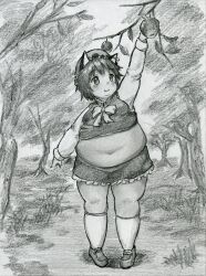 1girl absurdres animal_ears cat_ears cat_girl chen fat fat_woman greyscale hat highres loli mob_cap monochrome muffin_top nekomata obese short_hair socks stomach thighhighs touhou traditional_media utiyamakazuto weight_gain