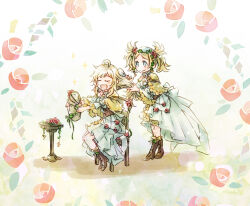 Rule 34 | 2girls, ahoge, blonde hair, blue eyes, boots, brown footwear, brushing another&#039;s hair, brushing hair, chair, commentary request, dress, ebi puri (ebi-ebi), fire emblem, fire emblem awakening, fire emblem fates, fire emblem heroes, flower, grandmother and granddaughter, hair flower, hair ornament, holding, lace-up boots, layered skirt, lissa (fire emblem), lissa (valentine) (fire emblem), long hair, multiple girls, nintendo, official alternate costume, open mouth, ophelia (fire emblem), sitting, skirt, twintails