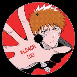 1boy absurdres bandaid bandaid_on_face black_kimono bleach closed_mouth gwao_(_ul_13) hand_up highres japanese_clothes kimono kurosaki_ichigo orange_eyes orange_hair shihakusho short_hair solo spiked_hair