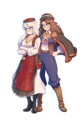 Rule 34 | 2girls, absurdres, albino, anica domazet, apron, bead necklace, beads, belt, black socks, blue pantaloons, blue pants, blue vest, blush, bonnet, boots, breasts, brown hair, capelet, check clothing, closed mouth, clothing request, commission, commissioner upload, croatia, croatian clothes, crossed arms, curly hair, dress, embarrassed, embroidery, fingernails, fluffkaiser, full body, fur trim, gradient background, green eyes, grin, hand on another&#039;s hip, hand on own hip, hat, highres, jacket, jewelry, knee boots, leather, leather belt, leather boots, long hair, long sleeves, looking down, mole, mole under eye, multiple girls, neckerchief, necklace, non-web source, original, pantaloons, pants, poet sleeves, pout, puffy sleeves, red apron, red eyes, republika srpska krajina, scar, scar across eye, scar on face, serbian clothes, shirt, shoes, skirt, slavic clothes, smile, socks, spread legs, transparent background, unworn jacket, vest, white dress, white hair, white shirt, yellow neckerchief, yuri, zarya petrovic