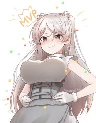 1girl 702_(naotsu) breasts brown_eyes commentary_request conte_di_cavour_(kancolle) conte_di_cavour_nuovo_(kancolle) dress gloves grey_dress grey_hair hands_on_own_hips highres kantai_collection large_breasts layered_dress long_hair mvp short_sleeves solo two-tone_dress two_side_up white_background white_gloves