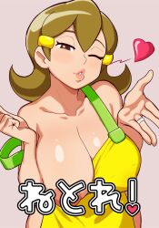 1girl 5-volt apron blowing_kiss blush breasts brown_eyes brown_hair collarbone eyebrows_hidden_by_hair female_focus grey_background hair_between_eyes hair_ornament hairclip half-closed_eye heart jewelry large_breasts lips long_hair looking_at_viewer mature_female naked_apron nintendo nipples one_breast_out one_eye_closed ring shiny_skin solo standing tonbi_(enbitonbi) translation_request warioware yellow_apron