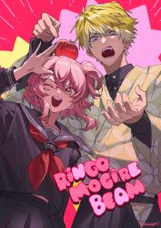 1boy 1girl ;d absurdres apple apple_on_head artist_name black_jacket black_sailor_collar black_serafuku black_shirt black_skirt blonde_hair blue_eyes commentary_request crossed_bangs food fruit hair_between_eyes hand_up hands_up highres jacket japanese_clothes kaohom503 kimono long_sleeves looking_at_viewer medium_hair mole mole_on_neck neckerchief nijisanji nijisanji_en one_eye_closed one_side_up open_mouth pink_hair pleated_skirt pointing red_background red_neckerchief rosemi_lovelock sailor_collar school_uniform serafuku shippou_(pattern) shirt short_hair skirt smile sonny_brisko teeth upper_teeth_only v-shaped_eyebrows virtual_youtuber wide_sleeves yellow_kimono