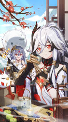 Rule 34 | 3girls, absurdres, asymmetrical gloves, black bridal gauntlets, black gloves, black hair, bridal gauntlets, cake, claw ring, closed mouth, cup, food, fu hua, fu hua (crane of taixuan), fu hua (fenghuang of vicissitude), fu hua (garuda), herrscher of sentience, gem, gloves, grey hair, hair between eyes, highres, holding, holding cup, honkai (series), honkai impact 3rd, jingwei (bird), long hair, long sleeves, looking at viewer, multicolored hair, multiple girls, nuwa (honkai impact), official art, outdoors, red eyes, red gemstone, single bare shoulder, sitting, smile, streaked hair, teapot, uneven gloves