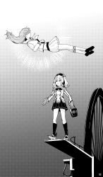 2girls bucket commentary_request falling frilled_sleeves frills gradient_background greyscale highres hitakinomori kantai_collection kashima_(kancolle) long_hair monochrome multiple_girls ooi_(kancolle) pleated_skirt repair_bucket scene_reference school_uniform serafuku skirt studio_ghibli tenkuu_no_shiro_laputa twintails wheel