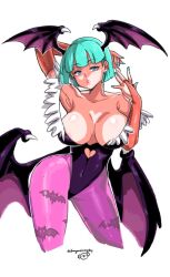 1girl aqua_hair armpits artist_name black_leotard blue_eyes breasts bridal_gauntlets cleavage clothing_cutout d-ryuu demon_girl female_focus green_nails head_wings heart_cutout large_breasts leotard looking_at_viewer low_wings morrigan_aensland pantyhose purple_pantyhose short_hair signature solo stomach_cutout tagme darkstalkers wings