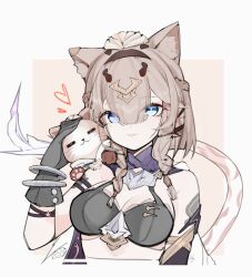 1girl absurdres animal_ear_fluff bikini black_bikini black_gloves blue_eyes breasts brown_hair can_(honkai_impact) cat_girl cat_tail cleavage commentary_request error1980 gloves green_eyes heterochromia highres honkai_(series) honkai_impact_3rd large_breasts multicolored_hair pardofelis pardofelis_(reverist_calico) short_hair swimsuit tail tongue tongue_out two-tone_hair upper_body