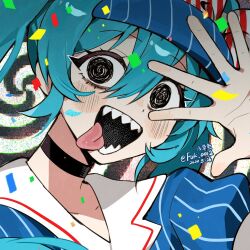 :d arm_up black_choker blue_hat blush bow choker collarbone collared_dress confetti crazy crazy_eyes dated diagonal-striped_bow dress hair_between_eyes hashtag-only_commentary hat hat_bow hatsune_miku looking_at_viewer mesmerizer_(vocaloid) open_mouth pinstripe_dress pinstripe_hat pinstripe_pattern portrait puffy_short_sleeves puffy_sleeves qiancaofu red_bow sailor_collar sharp_teeth short_sleeves smile solid_circle_eyes spiral_background teeth tongue tongue_out two-tone_bow vocaloid white_bow white_sailor_collar