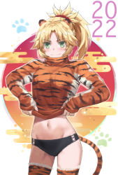 1girl 2022 alternate_costume bikini bikini_bottom_only blonde_hair blush braid breasts closed_mouth fang fang_out fate/apocrypha fate_(series) female_focus green_eyes hair_intakes half_up_braid highres long_hair long_sleeves looking_at_viewer mordred_(fate) mordred_(fate/apocrypha) navel parted_bangs ponytail sidelocks small_breasts smile solo swimsuit thighhighs thighs tonee upper_body