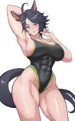 1girl abs ahoge alternate_costume animal_ears arm_up armpits black_hair black_one-piece_swimsuit blush breasts cleavage closed_mouth commentary_request cowboy_shot ear_ornament fuji_kiseki_(umamusume) groin hair_between_eyes highleg highleg_one-piece_swimsuit highres horse_ears horse_girl horse_tail large_breasts miya_nns35 muscular muscular_female one-piece_swimsuit short_hair simple_background smile solo swimsuit tail thighs umamusume white_background